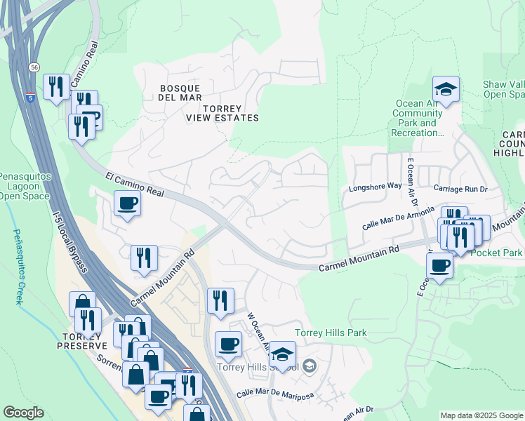 map of restaurants, bars, coffee shops, grocery stores, and more near 11255 Carmel Creek Road in San Diego