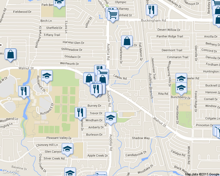 map of restaurants, bars, coffee shops, grocery stores, and more near 12920 Audelia Road in Dallas