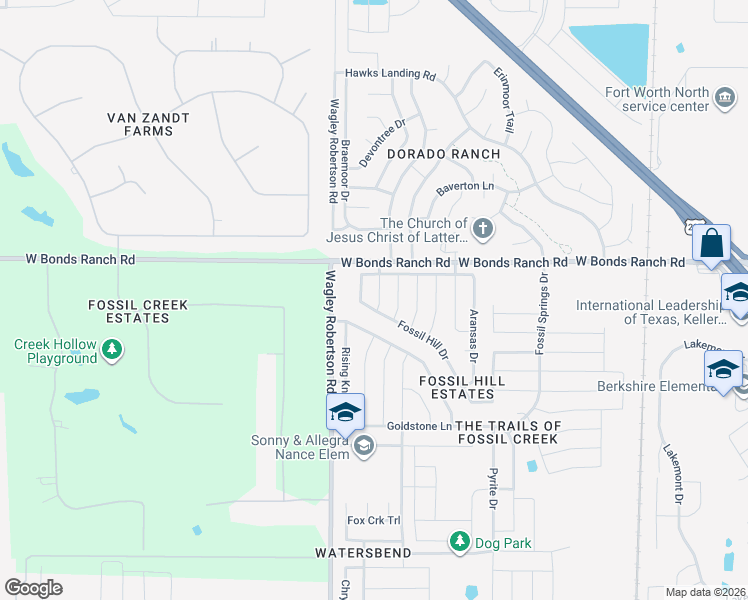 map of restaurants, bars, coffee shops, grocery stores, and more near 10605 Foothill Drive in Fort Worth