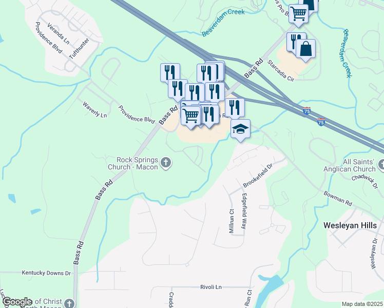 map of restaurants, bars, coffee shops, grocery stores, and more near 105 Bass Plantation Drive in Macon