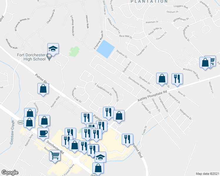 map of restaurants, bars, coffee shops, grocery stores, and more near 8463 Preakness Drive in North Charleston