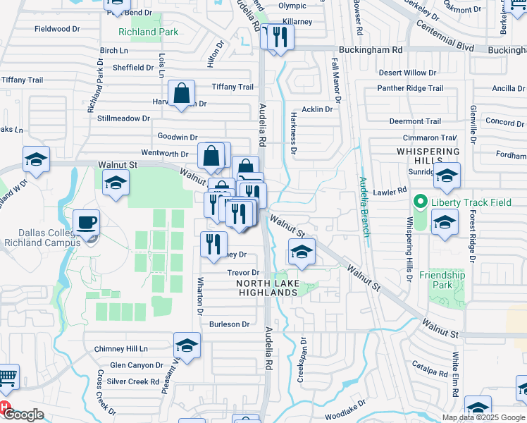 map of restaurants, bars, coffee shops, grocery stores, and more near Audelia Rd & W Walnut St & Walnut St in Dallas