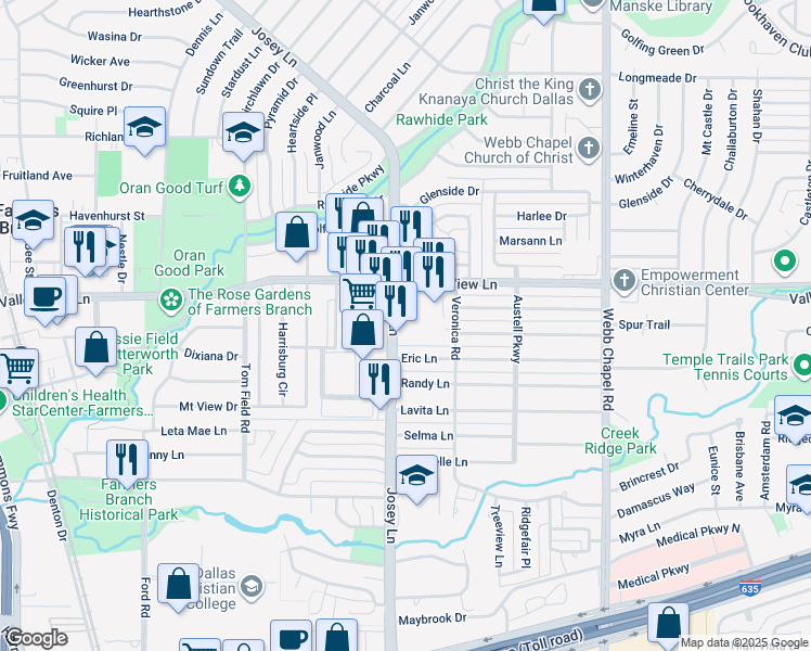 map of restaurants, bars, coffee shops, grocery stores, and more near 13100 Josey Ln in Farmers Branch