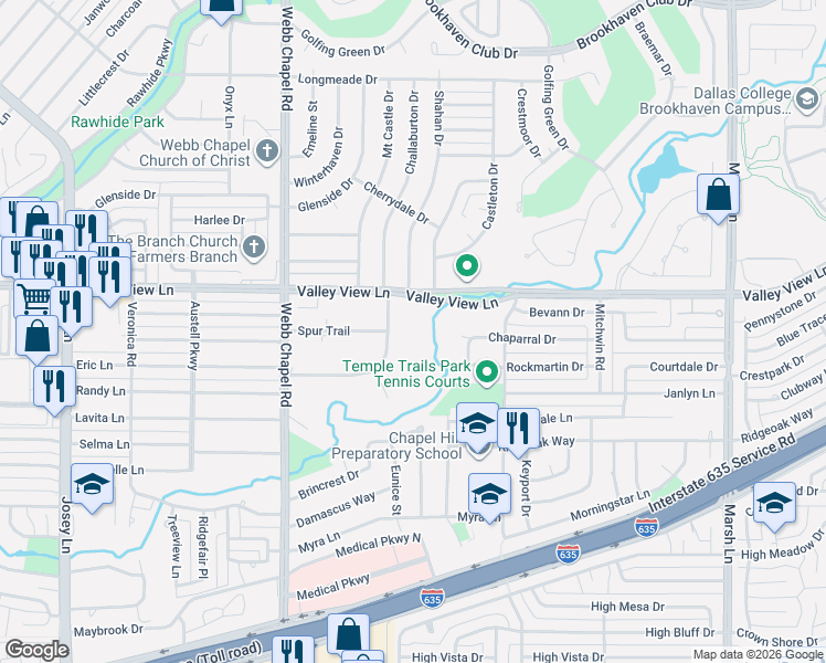 map of restaurants, bars, coffee shops, grocery stores, and more near 3178 Brookhollow Drive in Farmers Branch
