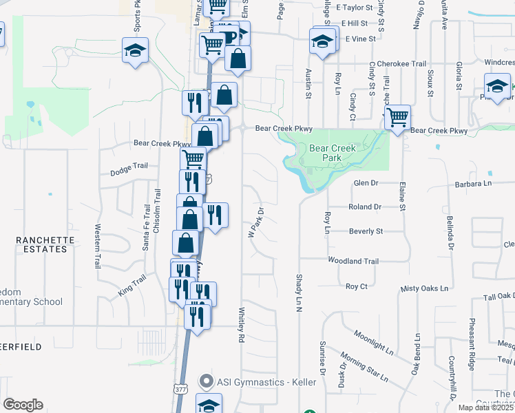 map of restaurants, bars, coffee shops, grocery stores, and more near 632 West Park Drive in Keller