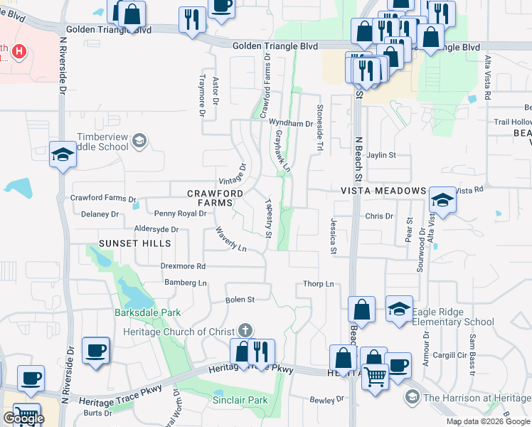 map of restaurants, bars, coffee shops, grocery stores, and more near 10212 Tapestry Street in Fort Worth