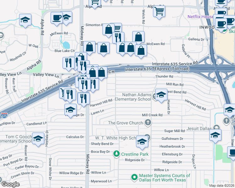map of restaurants, bars, coffee shops, grocery stores, and more near 4407 Forest Bend Road in Dallas