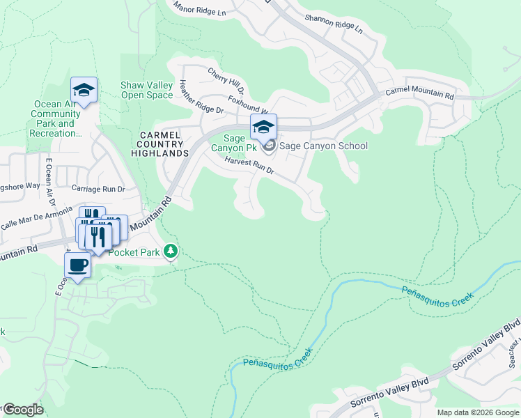 map of restaurants, bars, coffee shops, grocery stores, and more near 10529 Whispering Hills Lane in San Diego