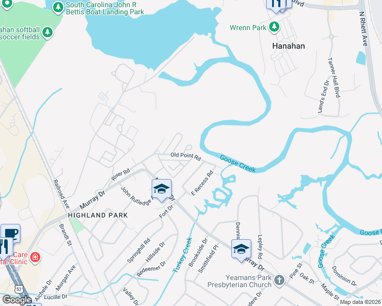 map of restaurants, bars, coffee shops, grocery stores, and more near 6240 Old Point Road in Hanahan