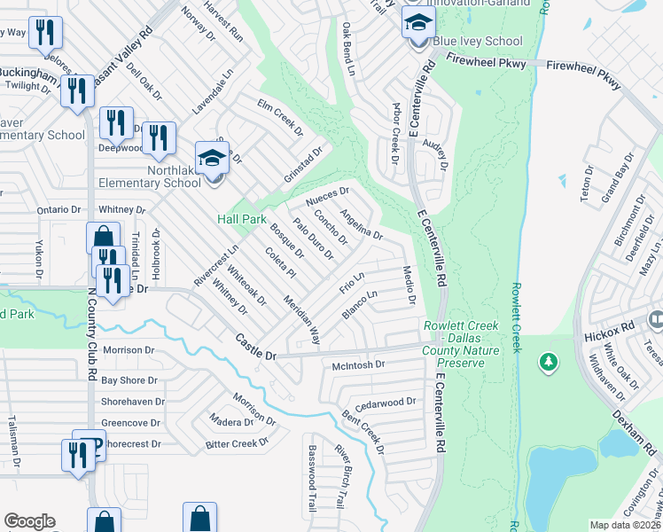 map of restaurants, bars, coffee shops, grocery stores, and more near 1926 Concho Drive in Garland