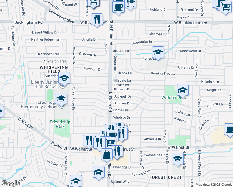 map of restaurants, bars, coffee shops, grocery stores, and more near 4410 Clemson Drive in Garland
