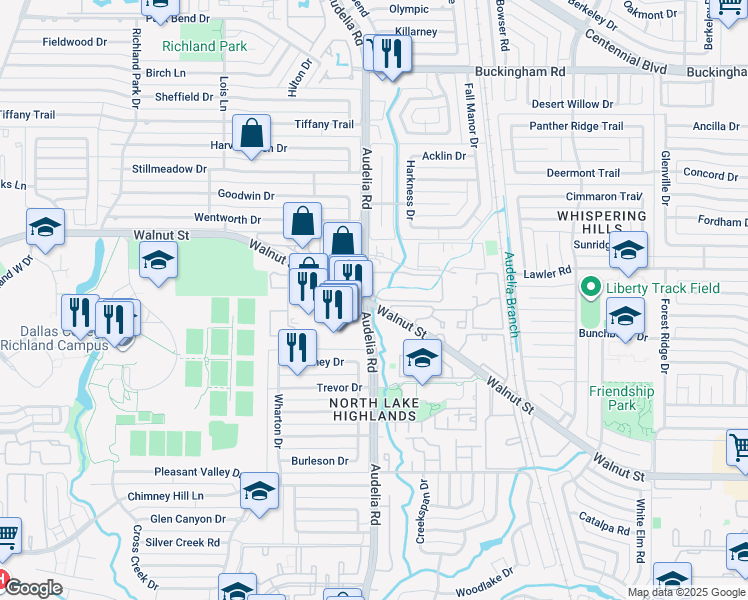 map of restaurants, bars, coffee shops, grocery stores, and more near 12920 Audelia Road in Dallas