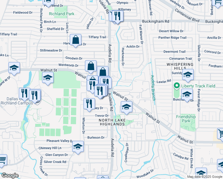 map of restaurants, bars, coffee shops, grocery stores, and more near 9761 Walnut Street in Dallas