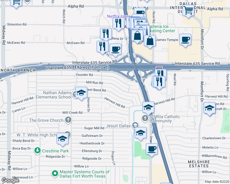 map of restaurants, bars, coffee shops, grocery stores, and more near 4940 Mill Run Road in Dallas
