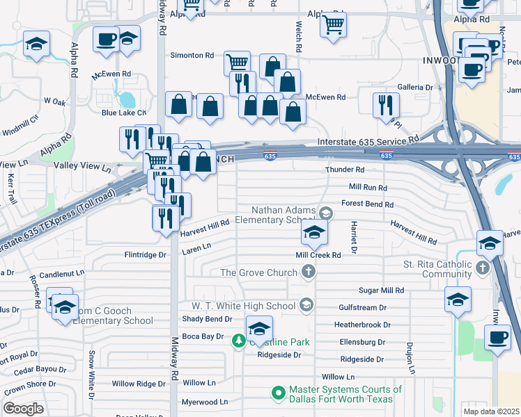 map of restaurants, bars, coffee shops, grocery stores, and more near 4445 Forest Bend Road in Dallas