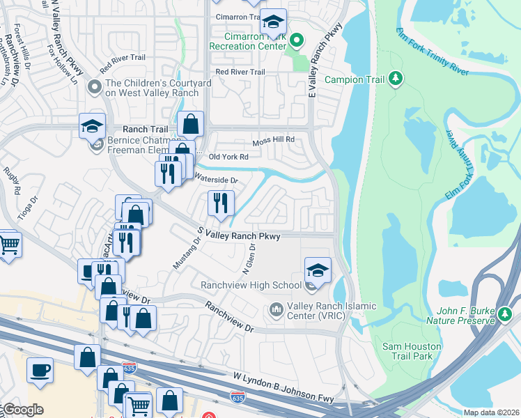 map of restaurants, bars, coffee shops, grocery stores, and more near 8623 Forest Glen Drive in Irving