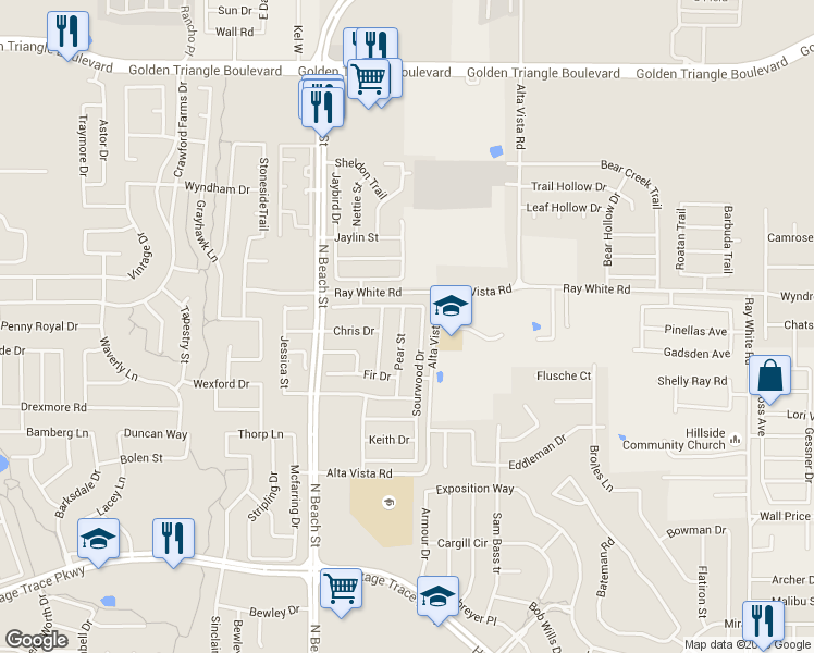 map of restaurants, bars, coffee shops, grocery stores, and more near 10229 Sourwood Drive in Fort Worth
