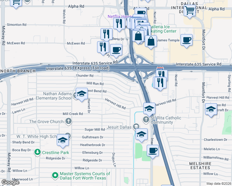 map of restaurants, bars, coffee shops, grocery stores, and more near 4940 Mill Run Road in Dallas