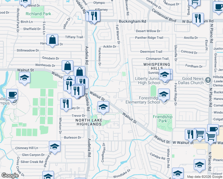 map of restaurants, bars, coffee shops, grocery stores, and more near 9823 Walnut Street in Dallas