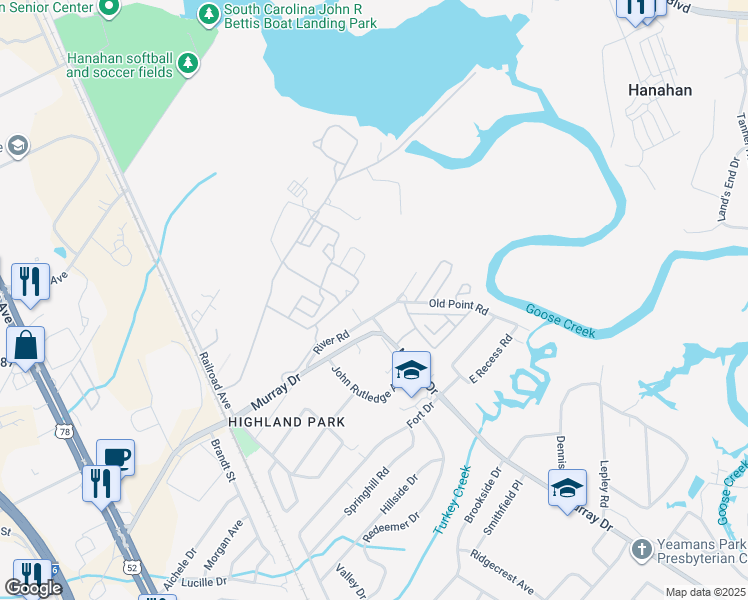 map of restaurants, bars, coffee shops, grocery stores, and more near 1100 River Road in Hanahan