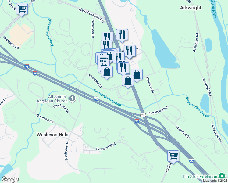 map of restaurants, bars, coffee shops, grocery stores, and more near 214 Sheraton Drive in Macon