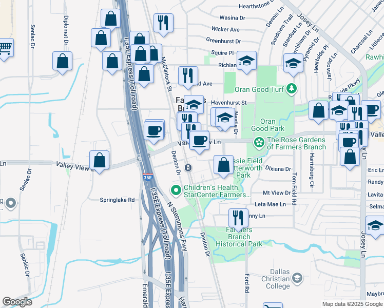 map of restaurants, bars, coffee shops, grocery stores, and more near 2518 Valley View Lane in Farmers Branch