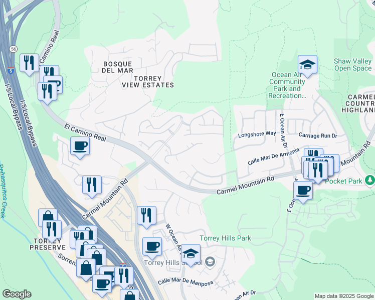 map of restaurants, bars, coffee shops, grocery stores, and more near 11337 Carmel Creek Road in San Diego