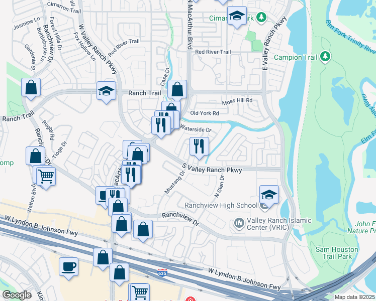 map of restaurants, bars, coffee shops, grocery stores, and more near 4689 Mustang Drive in Irving