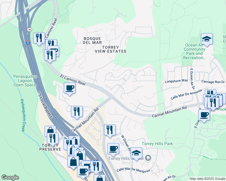map of restaurants, bars, coffee shops, grocery stores, and more near 11232 Carmel Creek Road in San Diego