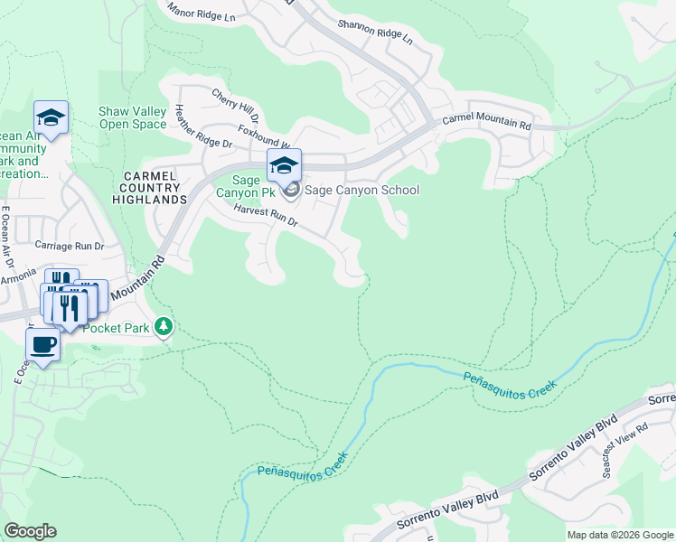 map of restaurants, bars, coffee shops, grocery stores, and more near 5451 Harvest Run Drive in San Diego