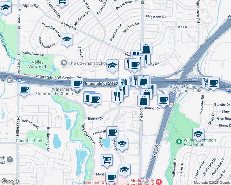 map of restaurants, bars, coffee shops, grocery stores, and more near 12777 Merit Drive in Dallas