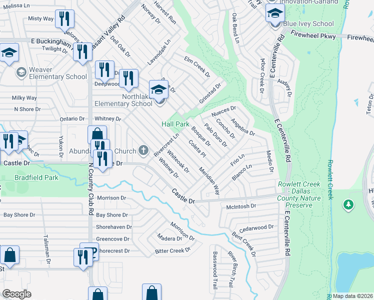 map of restaurants, bars, coffee shops, grocery stores, and more near 1825 Meridian Way in Garland