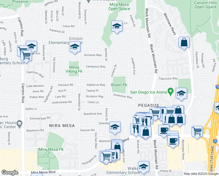 map of restaurants, bars, coffee shops, grocery stores, and more near 11106 Polaris Drive in San Diego