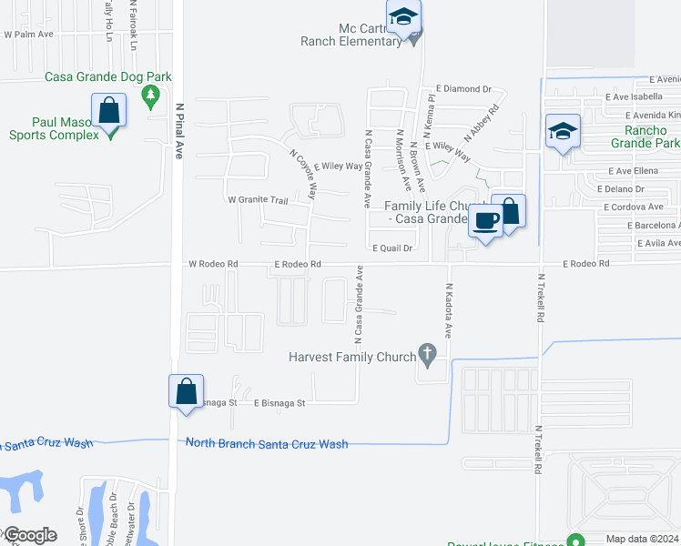 map of restaurants, bars, coffee shops, grocery stores, and more near 2380 North Horseshoe Circle in Casa Grande