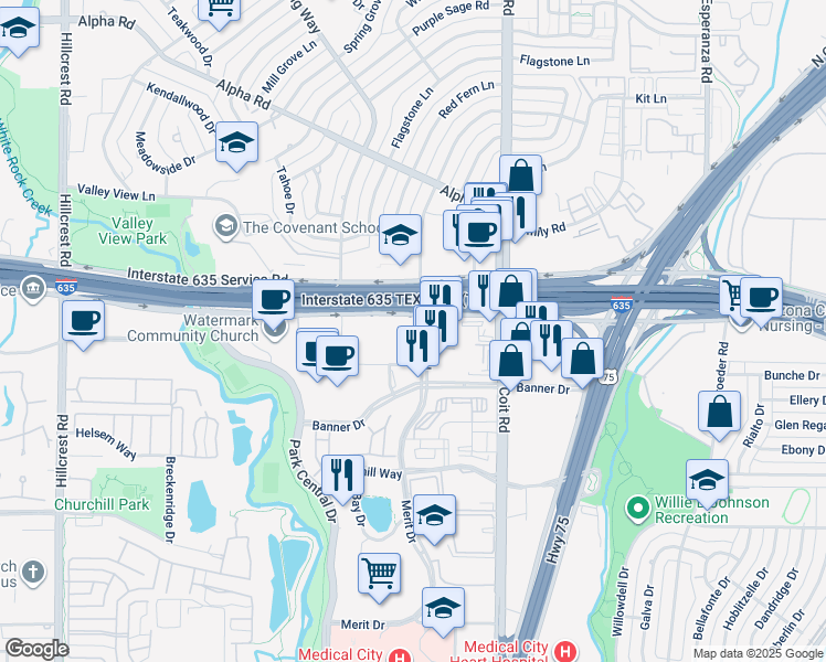 map of restaurants, bars, coffee shops, grocery stores, and more near 12777 Merit Drive in Dallas