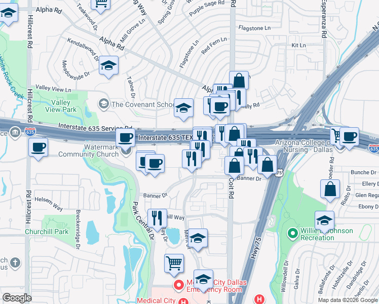map of restaurants, bars, coffee shops, grocery stores, and more near 7754 Lyndon B Johnson Freeway in Dallas