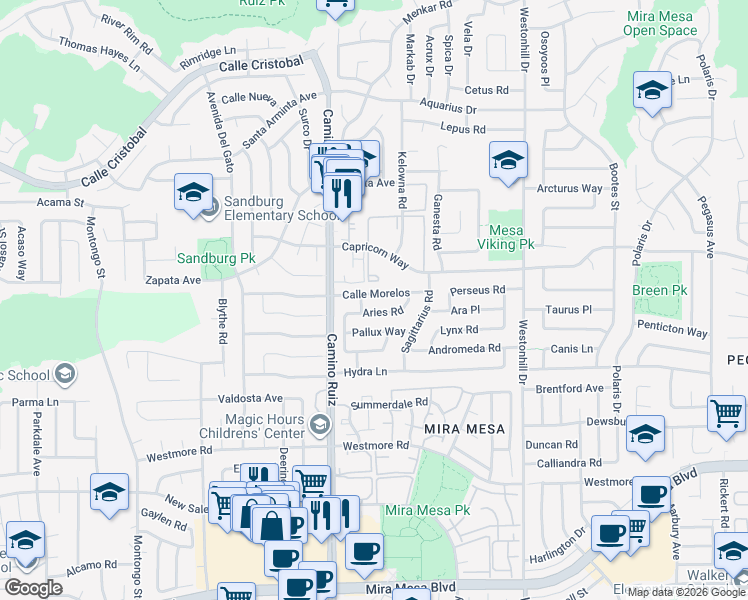 map of restaurants, bars, coffee shops, grocery stores, and more near 8410 Calle Morelos in San Diego