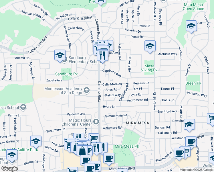 map of restaurants, bars, coffee shops, grocery stores, and more near 8410 Calle Morelos in San Diego