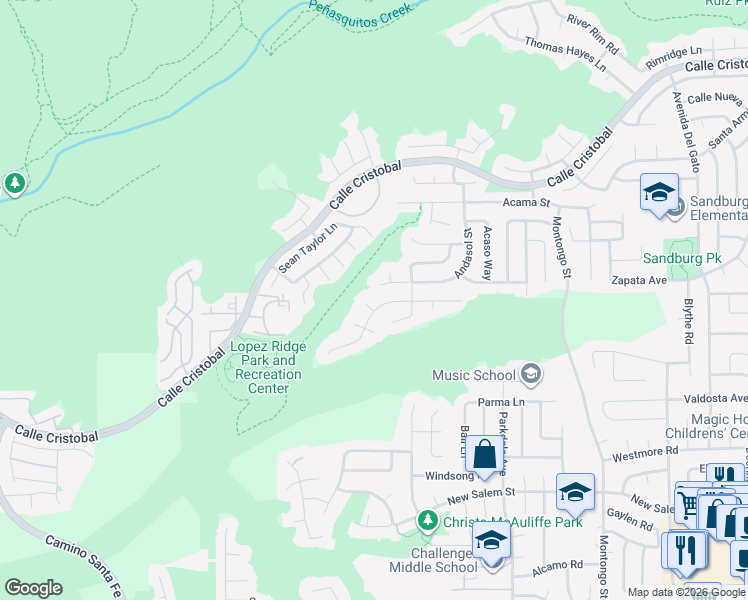 map of restaurants, bars, coffee shops, grocery stores, and more near 7415 Andasol Street in San Diego