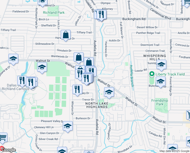 map of restaurants, bars, coffee shops, grocery stores, and more near 9761 Walnut Street in Dallas