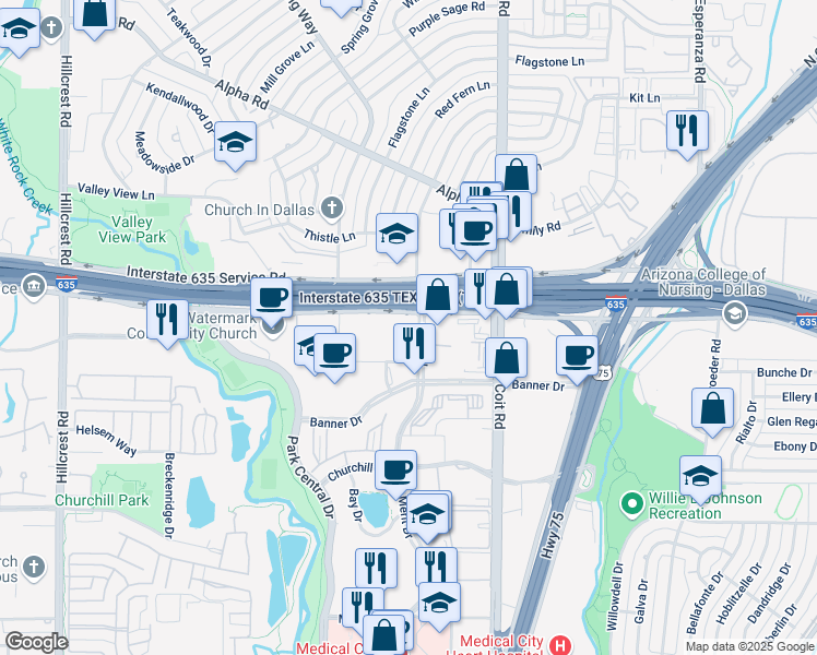 map of restaurants, bars, coffee shops, grocery stores, and more near 12777 Merit Drive in Dallas