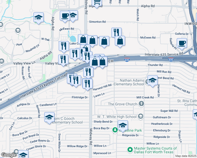 map of restaurants, bars, coffee shops, grocery stores, and more near 4230 Lyndon B Johnson Freeway in Dallas