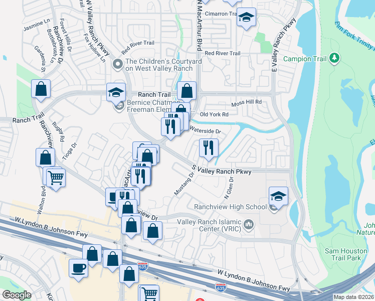 map of restaurants, bars, coffee shops, grocery stores, and more near 8572 Mill Creek Road in Irving