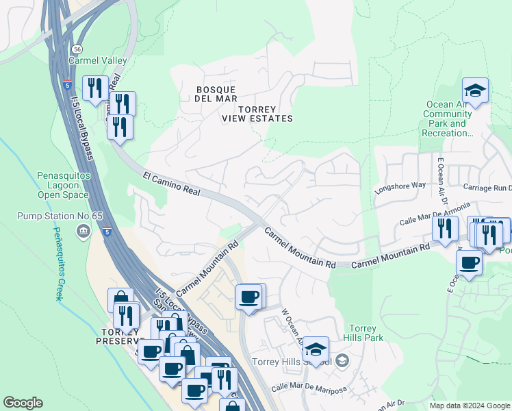 map of restaurants, bars, coffee shops, grocery stores, and more near 11258 Carmel Creek Road in San Diego
