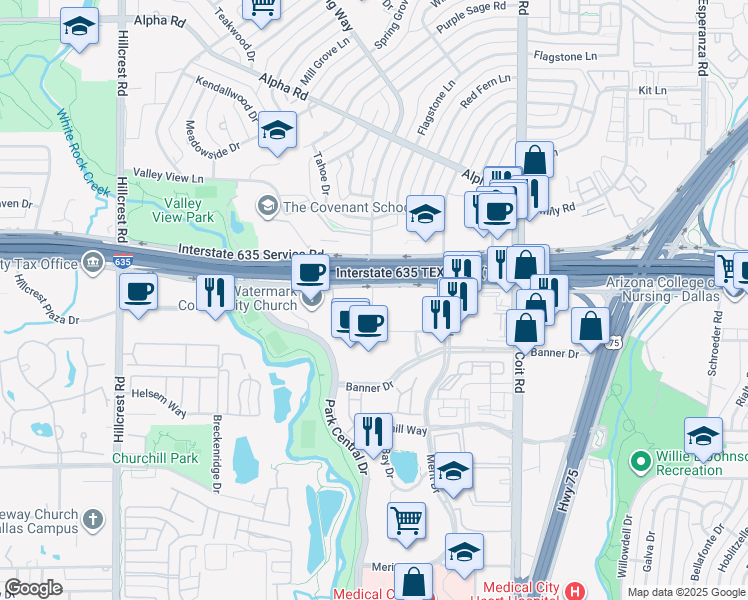 map of restaurants, bars, coffee shops, grocery stores, and more near 7616 Lyndon B Johnson Freeway in Dallas