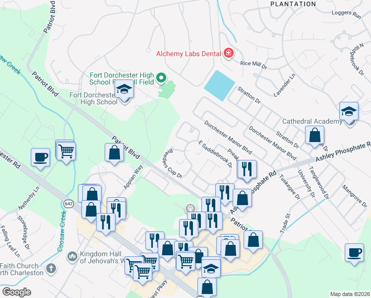 map of restaurants, bars, coffee shops, grocery stores, and more near 4724 Thoroughbred Drive in North Charleston