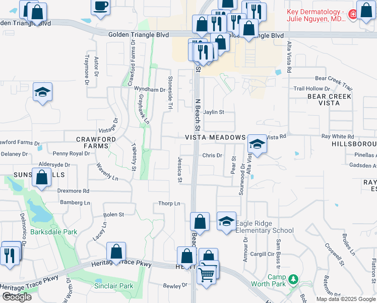 map of restaurants, bars, coffee shops, grocery stores, and more near 4413 Chris Drive in Keller
