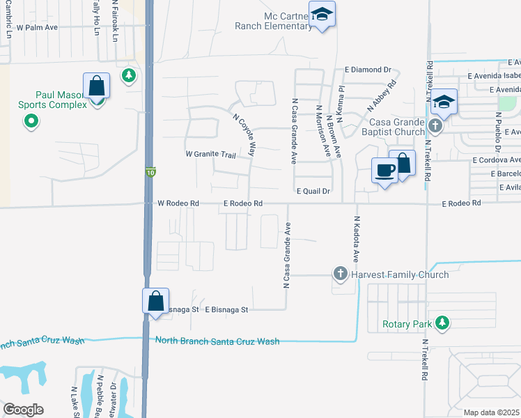 map of restaurants, bars, coffee shops, grocery stores, and more near 2374 North Horseshoe Circle in Casa Grande