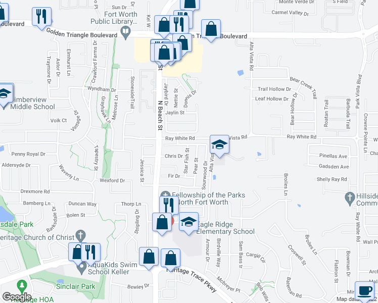 map of restaurants, bars, coffee shops, grocery stores, and more near 10208 Star Fish Street in Keller