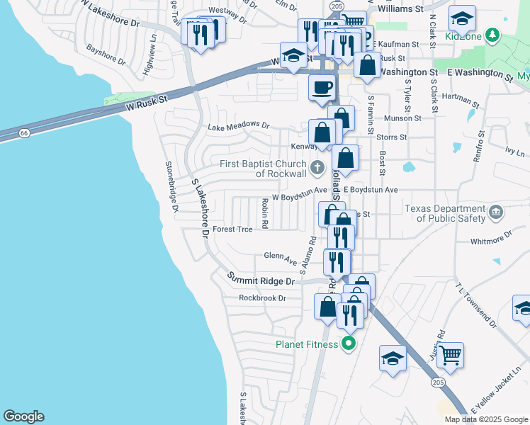 map of restaurants, bars, coffee shops, grocery stores, and more near 709 Robin Drive in Rockwall